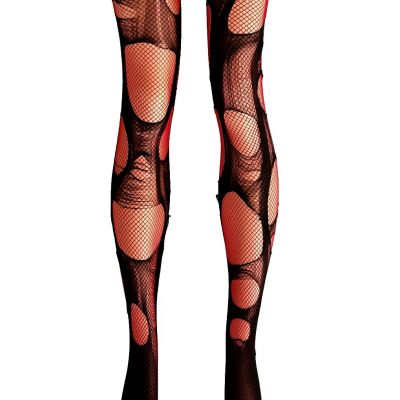 Agoraphobix Tattered & Torn Fishnet Tights - Double Layered - Black & Red